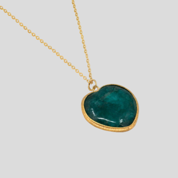 Gold necklace with a green pendant on a white background